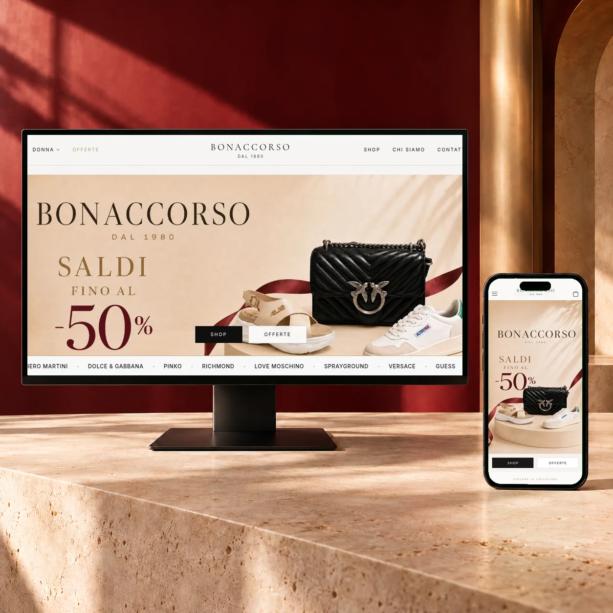 Il sito Bonaccorso Outlet su monitor e iPhone